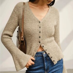 Rihoas Khaki V Neck Button Knit Cardigan